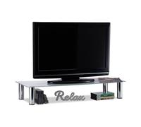 relaxdays Mueble TV de Cristal, Mesa Televisión, Vidrio y Metal, 100 x 35 x 17 cm, Blanco y Plateado