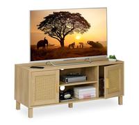 Relaxdays Mueble TV, Diseño Ratán, Mesa para Televisiones hasta 50", Efecto Madera, 48x115x40 cm, Cómoda Tele, Natural, Plástico, Tablero de Fibras