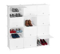 Relaxdays Mueble Zapatero Modular, Armario Organizador Zapatos con Puertas, Estantería Cubo 12 Cajones, Plástico, Blanco