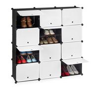 Relaxdays Mueble Zapatero Modular, Armario Organizador Zapatos, Puertas, Estantería 24 Cajones, Plástico, Blanco y Negro, 1 Unidad