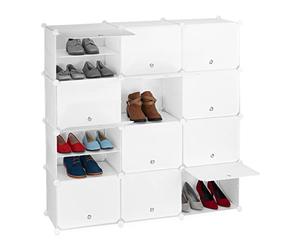 Relaxdays Mueble Zapatero Modular, Armario Organizador Zapatos con Puertas, Estantería Cubo 12 Cajones, Plástico, Blanco