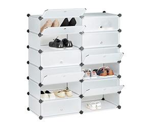 Relaxdays Mueble Zapatero XXL, Estantería Modular Zapatos de Plástico, 12 Cajones y Puertas, 108x94x37 cm, Transparente