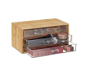 Relaxdays Neceser de Maquillaje, Tres cajones, Organizador de Mesa, Bambú, 15x30x17,5cm, 1 Ud., Marrón