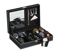 Relaxdays Negra Relojero 8 Compartimentos, Caja Guardar Relojes, Pulseras, Efecto Piel, Terciopelo, 8 x 30 x 20,5 cm, Acero, 8 x 30 x 20.5 cm