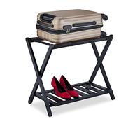 Relaxdays Negro Soporte Maletas Bambú, Reposamaletas Plegable, 59x68x40 cm, Taburete Equipaje Madera con Balda, Hotel, Nailon