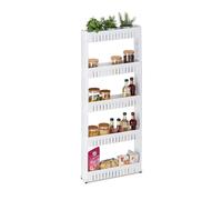 Relaxdays Nischenwagen Carrito de Nichos, Estantería con Ruedas y 5 Baldas, Mueble Espacios Pequeños para Baño y Cocina, 131x12,5x54 cm, Plástico, Blanco