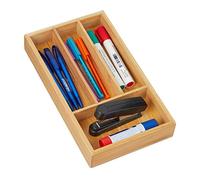 Relaxdays Organizador 4 Compartimentos, Separador Cajón, 4x16x28 cm, Bandeja Ordenar, Bambú, Natural