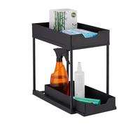Relaxdays Organizador Bajo Fregadero, 2 Estantes, Extensible, 37x22x40 cm, Productos de Limpieza Cocina y Baño, Negro