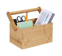 Relaxdays Organizador Bambú con Asa, 4 Espacios, 24 x 26 x 15 cm, Organizador de Escritorio y Porta Cubiertos, Natural