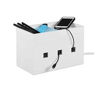 Relaxdays Organizador Cables, Bambú, Blanco, 16,5 x 25,5 x 14 cm | Gestión de cables para escritorio, (Al x An x Fon) 16,5 x 25,5 x 14 cm