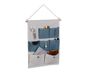 Relaxdays Organizador Colgante, 7 Bolsillos, 2 Ganchos, Algodón, 60 x 39 cm, Almacenamiento Pared Baño, Oficina, Azul