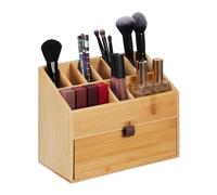 Relaxdays Organizador Cosméticos, Caja Almacenamiento Maquillaje con Cajón, Bambú, 19 x 25,5 x 12,5 cm, Natural, Poliéster