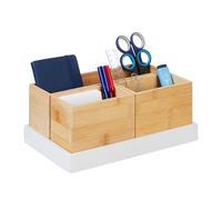 Relaxdays Organizador de Escritorio Bambú, Set de 4 Piezas, para Materiales de Oficina, Cosméticos, Baño, Natural/Blanco