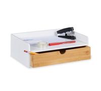 Relaxdays Organizador de Escritorio con 1 Cajón, Balda A4, Bambú, 11 x 32 x 22 cm, Portalápices Oficina, Blanco/Natural, Tablero de Fibras