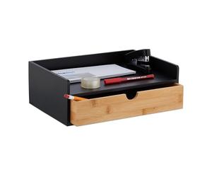 Relaxdays Organizador de Escritorio con 1 Cajón y 1 Balda A4, Bambú, 11x32x22 cm, Portalápices Oficina, Negro y Natural