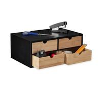 Relaxdays Organizador de Escritorio con 4 Cajones, Bambú Veteado y MDF, para Oficina, 13,5 x 33 x 21 cm, Natural y Negro, Tablero de Fibras