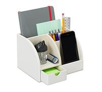 Relaxdays Organizador de Escritorio, con cajón, Cuatro Compartimentos, Lapicero, 13x19x15 cm, 1 Ud, Blanco