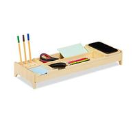 Relaxdays Organizador de Escritorio con Cargador inalámbrico, Cinco Compartimentos, Madera, Marrón, 7,5 x 52,5 x 18 cm
