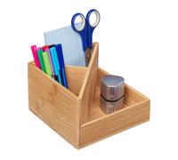 Relaxdays Organizador Portabolis para Escritorio 3 Compartimentos, Portalápices Bambú, 10,5 x 16,5 x 16,5 cm, Natural, Tablero de Fibras