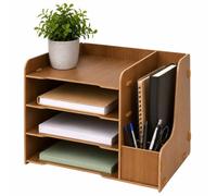 Relaxdays organizador de escritorio marrón DIN A4, 4 compartimentos, MDF