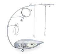 Relaxdays Organizador Joyas con bandeja, Con repisa Árbol de joyas Cadenas, Pendientes y Pulseras, 12 ramas, Plateado