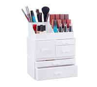 Relaxdays Organizador de Maquillaje con 21 Compartimentos, Fibra Acrílica, Blanco, 29.5x23.5x14 cm