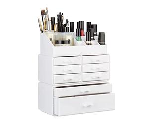 Relaxdays Organizador de Maquillaje con cajones, Fibra acrílica, Neceser apilable, Blanco