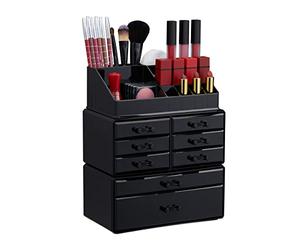 Relaxdays Organizador de Maquillaje con cajones, Fibra acrílica, Neceser apilable, Negro
