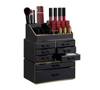 Relaxdays Organizador de Maquillaje con cajones, Fibra acrílica, Neceser apilable, Negro-Dorado