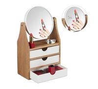 Relaxdays Organizador de maquillaje con espejo blanco,marrón claro