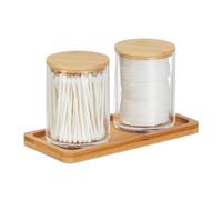 Relaxdays Organizador de Maquillaje Doble con Bandeja, 2 Contendores con Tapa, Plástico y Bambú, Transparente y Natural