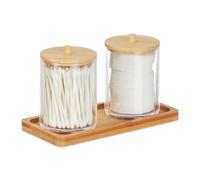 Relaxdays Contenedor de hisopos de algodón Organizador de Maquillaje Doble Plástico y Bambú, 2 Contendores con Tapa, con Bandeja, Transparente y Natural, 11 x 19 x 9 cm