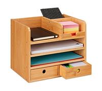 Relaxdays Organizador Escritorio 2 Cajones, 5 Compartimentos, 26,5 x 33 x 24 cm, Cajonera Sobremesa Bambú, Color Natural, Tablero de Fibras, 26.5 x 33 x 24 cm