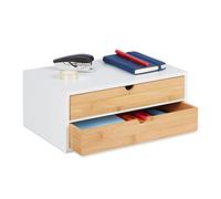 Relaxdays Organizador Escritorio, 2 Cajones, Almacenamiento Material Oficina, Bambú y MDF, 14x33x21cm, Natural y Blanco