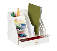 Relaxdays Organizador Escritorio 3 Compartimentos A4, 3 Baldas, 2 Portalápices, 1 Cajón, Oficina, MDF, Color Blanco