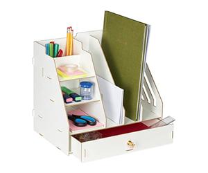 Relaxdays Organizador Escritorio 3 Compartimentos A4, 3 Baldas, 2 Portalápices, 1 Cajón, Oficina, MDF, Color Blanco