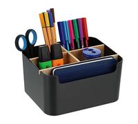 Relaxdays Organizador Escritorio 5 Compartimentos, Plástico y Madera, Baño, Moderno, 9,5 x 18 x 15 cm, Color Negro