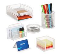 Relaxdays Set Organizador Escritorio 7 Piezas Rejilla Metal, Bandeja Documentos, Caja Pósits, Soporte Cartas, Clips, Blanco, Acero, 8.5 x 26.5 x 33.5 cm