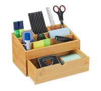 Relaxdays Organizador Escritorio Cajón, 6 Compartimentos, Bambú, Caja Almacenamiento Oficina, 15 x 28 x 16,5 cm, Natural, Tablero de Fibras