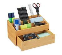 Relaxdays Organizador Escritorio Cajón, 6 Compartimentos, Bambú, Caja Almacenamiento Oficina, 15 x 28 x 16,5 cm, Natural, Tablero de Fibras