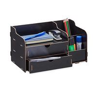 Relaxdays Organizador Escritorio Cajones y Compartimentos, Portalápices, 17 x 33 x 19 cm, Caja Oficina, Color Negro