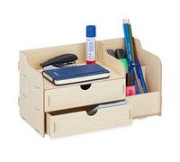 Relaxdays Organizador Escritorio Cajones y Compartimentos, Portalápices, 17 x 33 x 19 cm, Caja Oficina, Marrón Claro, Tablero de Fibras