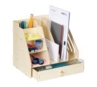 Relaxdays Organizador Escritorio 3 Compartimentos A4, 3 Baldas, 2 Portalápices, 1 Cajón, Oficina, MDF, Marrón Claro, Tablero de Fibras, 29,5 x 33 x 24 cm