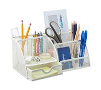 Relaxdays Organizador Escritorio Malla Metálica, Portalápices Oficina con Compartimentos y Cajón, 13 x 28 x 14cm, Blanco
