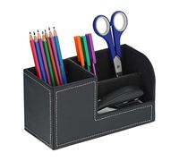 Relaxdays Organizador Escritorio Piel Sintética 3 Compartimentos, Portalápices, 11x20x9,5 cm, Oficina, Color Negro, Tablero de Fibras