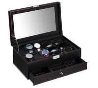 Relaxdays Organizador Gafas y Relojes, Joyero con Cajón, Caja para Guardar Joyas, 13x33x20,5 cm, Efecto Piel, Negro