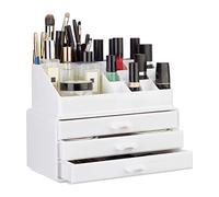 Relaxdays Organizador Maquillaje pequeño, Fibra acrílica, Blanco, 19 x 23,5 x 14 cm