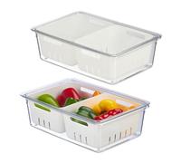 Relaxdays Organizador Nevera, Set 2, Apilable, 2 Cestas Escurridoras, Almacenaje Alimentos con Tapa, Transparente/Blanco, 10 x 33,5 x 22 cm