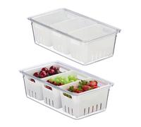 Relaxdays Organizador Nevera, Set 2, Apilable, 3 Cestas Escurridoras, Almacenaje Alimentos con Tapa, Transparente/Blanco