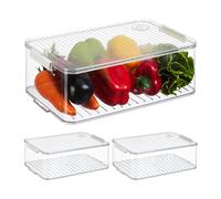 Relaxdays Organizador Nevera, Set de 3, Almacenaje de Alimentos, Caja para Frigorífico, 10,5 x 21 x 33 cm, Transparente